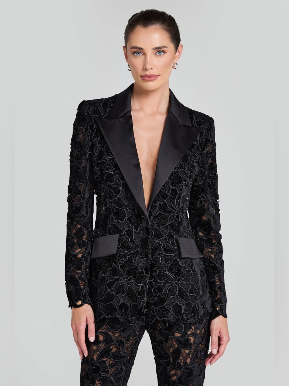 Nadine Merabi Valia Black Embroidered Lace Blazer